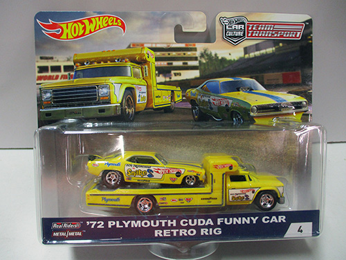 image of Hot Wheels '72 Plymouth Cuda Funny Car With Retro Rig