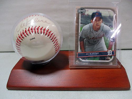 image of Signed Baseball and Al Kaline Card Display Set