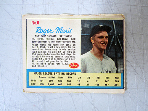image of Roger Maris 1962 Post Cereal Baseball Card No. 6