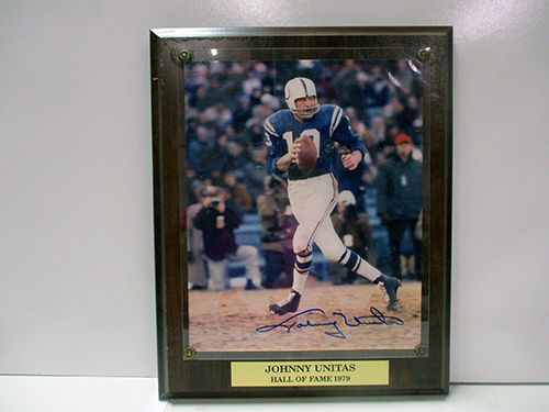 image of Johnny Unitas Signed Plaque with Hall of Fame Inscription