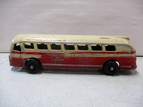 image of Trailways Die-Cast Metal Toy Bus with Red and Yellow Finish