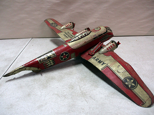 image of Marx Tin Toy Army Airplane with Red Graphics