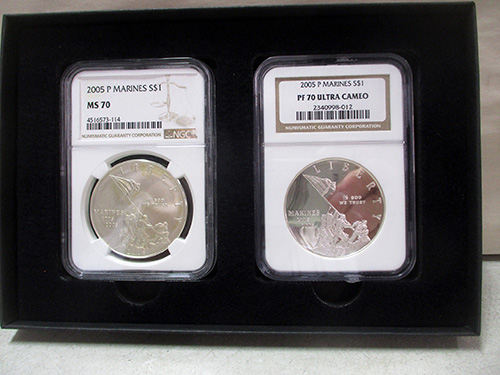 image of 2005-P Marine Corps Silver Dollar Coins MS70 & PF70